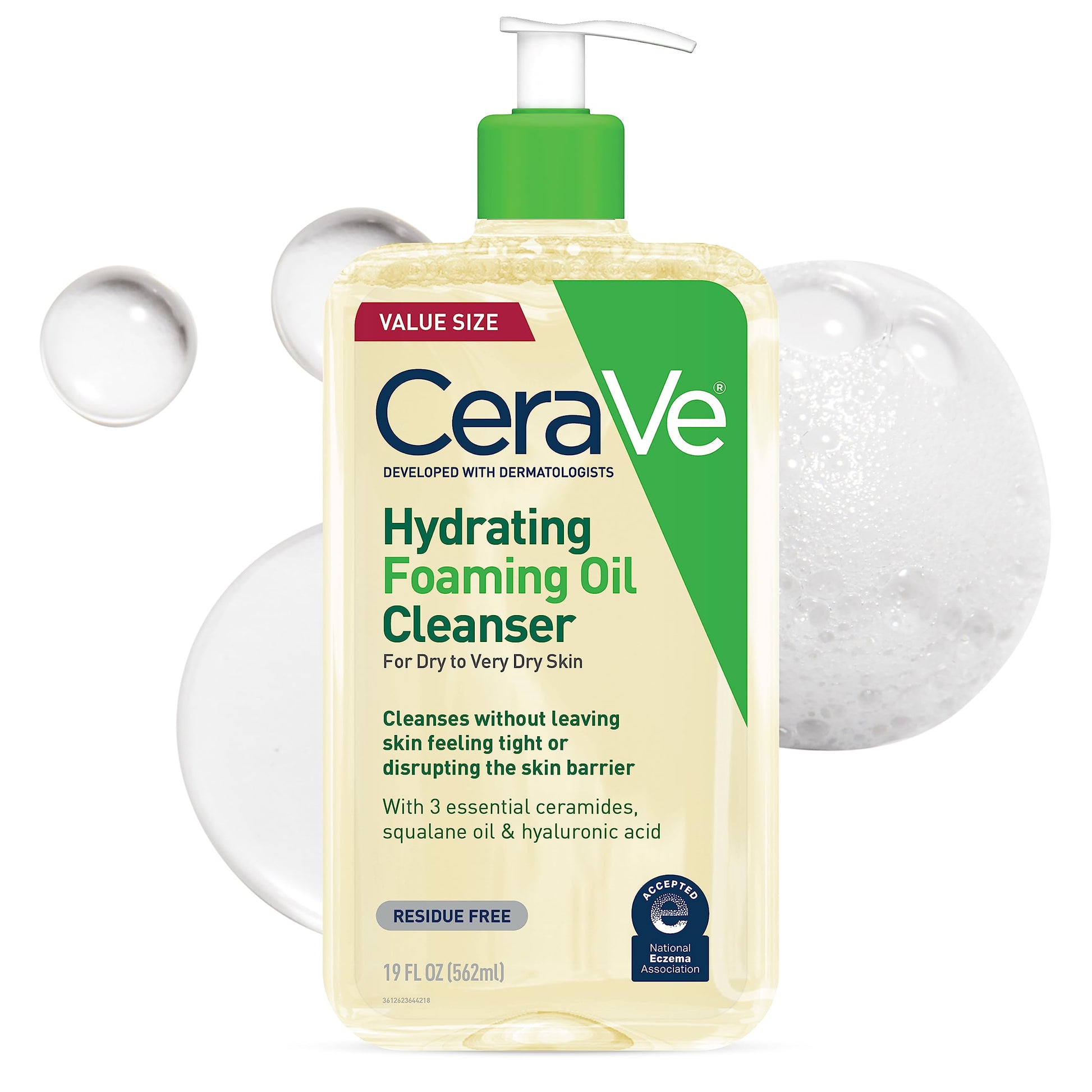 CeraVe - Limpiador hidratante de aceite espumoso, limpiador de aceite hidratante para cara y cuerpo, aceite de escualano + ácido hialurónico + ceramidas, para piel seca a muy seca, sin fragancia y sin residuos 19 FL Oz