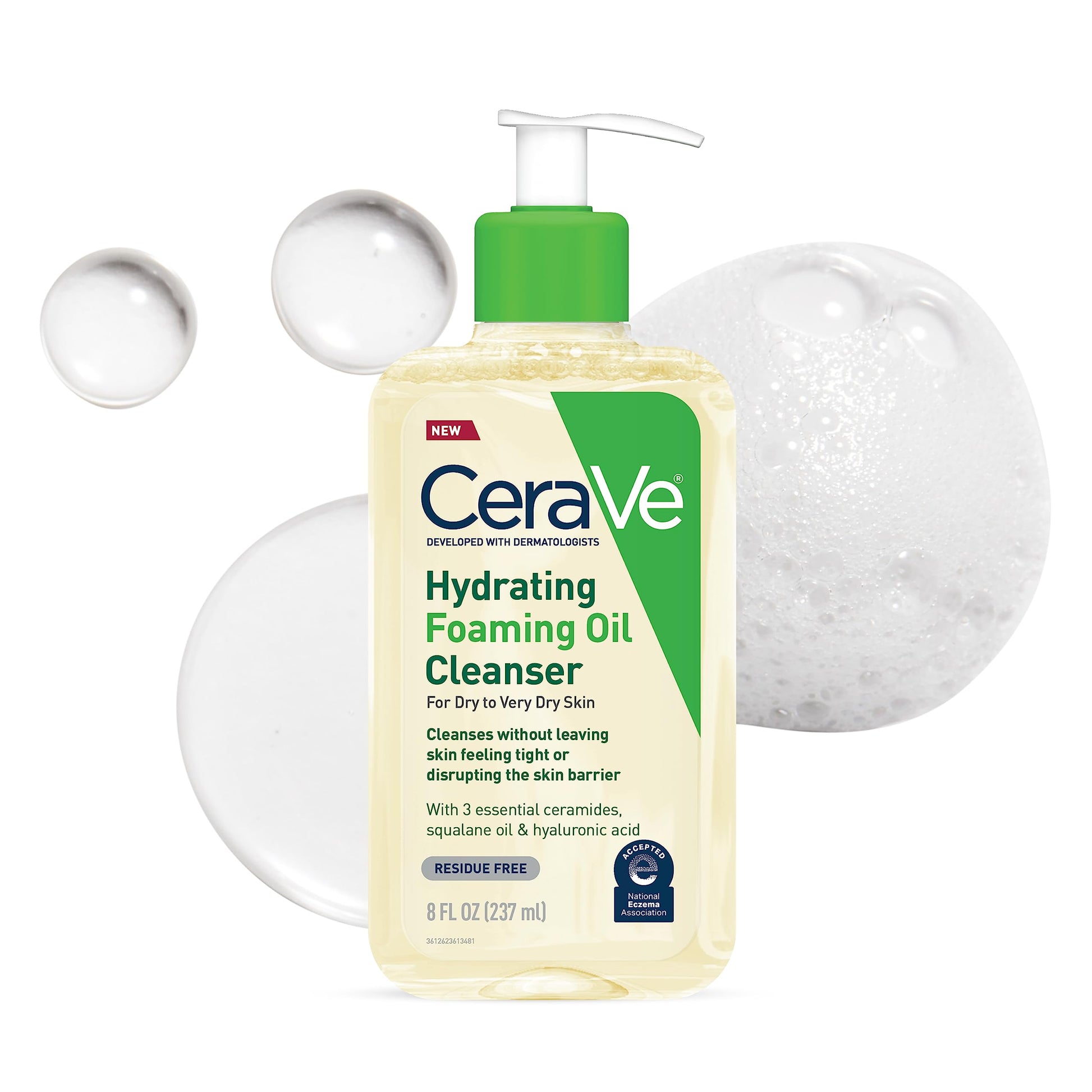 CeraVe - Limpiador hidratante de aceite espumoso, limpiador hidratante para cara y cuerpo, aceite de escualano + ácido hialurónico + ceramidas, para piel seca a muy seca, sin fragancia y sin residuos, 8