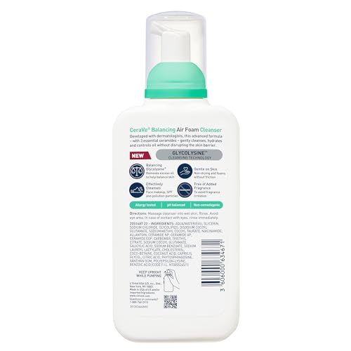 CeraVe - Jabón facial de espuma de aire equilibrante, limpiador facial espumoso para piel mixta, control de aceite de 8 horas + hidratación 24 horas, sin fragancia y no comedogénico, con glicolisina y 3
