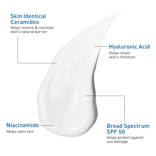 CeraVe - AM Loción hidratante facial SPF 50, hidratante facial con SPF, ácido hialurónico, niacinamida y ceramidas, no grasosa, se mezcla perfectamente sin manchas blancas, protector solar no comedogénico, 3 Oz