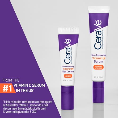 CeraVe -  Crema para ojos con vitamina C renovadora para la piel, vitamina C, ácido hialurónico, ceramidas y cafeína, crema debajo de los ojos para ojeras e hinchazón, sin fragancia y probada porbada por oftalmólogos, 0.5 Fl. Oz