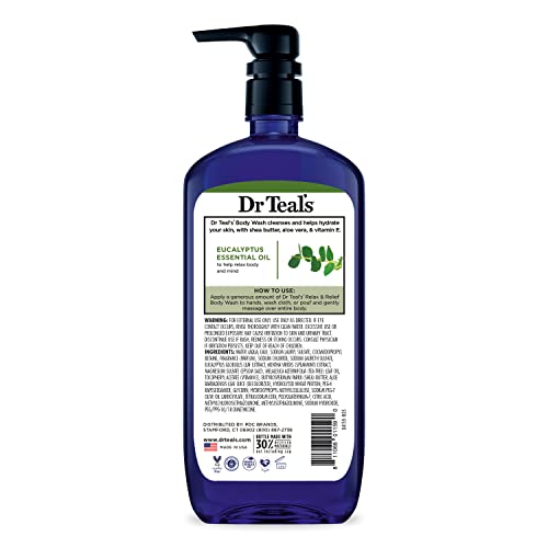 Dr Teal's - Gel de baño con sales puras de Epsom, relajación y alivio con eucalipto y hierbabuena, 24 onzas líquidas (paquete de 4)