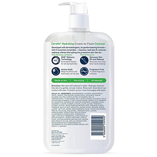 CeraVe - Crema hidratante para limpiar espuma, removedor de maquillaje, lavado facial para piel seca, limpiador facial espumoso con ácido hialurónico, piel normal a seca, sin fragancia y no