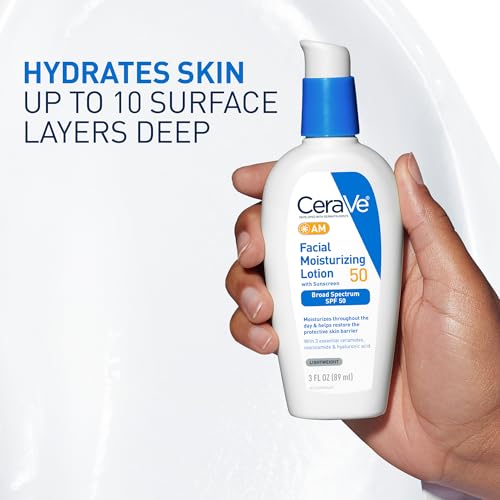 CeraVe - AM Loción hidratante facial SPF 50, hidratante facial con SPF, ácido hialurónico, niacinamida y ceramidas, no grasosa, se mezcla perfectamente sin manchas blancas, protector solar no comedogénico, 3 Oz