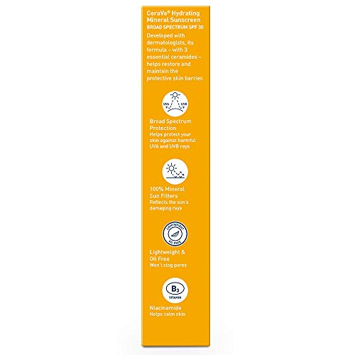 CeraVe - Protector solar 100 % mineral FPS 30, protector solar facial con óxido de zinc y dióxido de titanio, ácido hialurónico, niacinamida y ceramidas, sin aceite, tamaño de viaje de 2.5 oz