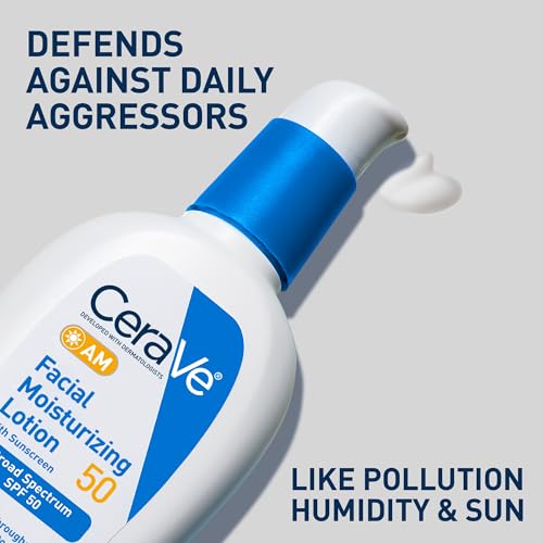 CeraVe - AM Loción hidratante facial SPF 50, hidratante facial con SPF, ácido hialurónico, niacinamida y ceramidas, no grasosa, se mezcla perfectamente sin manchas blancas, protector solar no comedogénico, 3 Oz