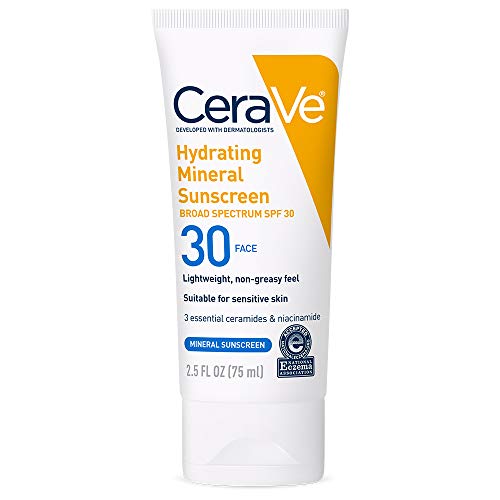 CeraVe - Protector solar 100 % mineral FPS 30, protector solar facial con óxido de zinc y dióxido de titanio, ácido hialurónico, niacinamida y ceramidas, sin aceite, tamaño de viaje de 2.5 oz