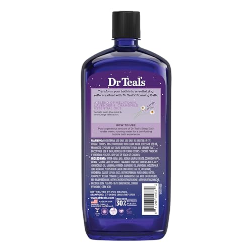 Dr Teal's - Baño espumoso con sal pura de Epsom, mezcla para dormir con aceites esenciales de melatonina, lavanda y manzanilla, 34 onzas líquidas (paquete de 4)