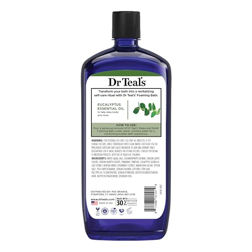 Dr Teal's - Baño espumoso con sal pura de Epsom, relajación y alivio con eucalipto y menta verde, 34 onzas líquidas (paquete de 4)
