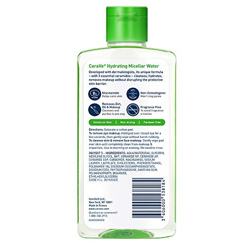 CeraVe - Agua Micelar | Fórmula nueva y mejorada | Limpiador facial hidratante y removedor de maquillaje para ojos | Libre de fragancia y no irritante | 10 onzas