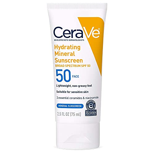 CeraVe - Protector solar 100 % mineral FPS 50, protector solar facial con óxido de zinc y dióxido de titanio, ácido hialurónico, niacinamida y ceramidas, sin aceite, tamaño de viaje de 2.5 oz.
