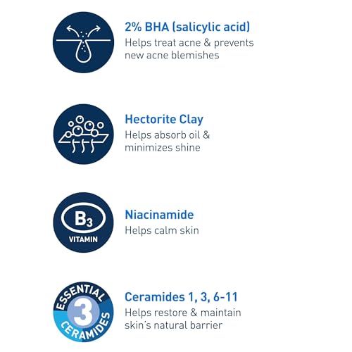 CeraVe - Tratamiento para el acné, limpiador de ácido salicílico con arcilla purificadora, niacinamida y ceramidas, control de poros y removedor de puntos negros, 8 onzas
