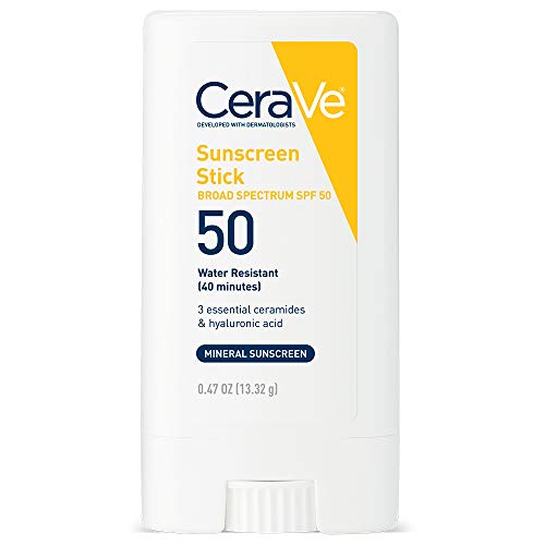 CeraVe - Protector solar mineral en barra FPS 50, FPS de amplio espectro + ácido hialurónico + ceramidas, dióxido de titanio y óxido de zinc, protector solar facial 100 % mineral en barra, sin fragancia ni aceite.