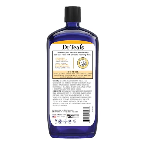 Dr Teal's - Baño espumoso con sal pura de Epsom, bálsamo de limón prebiótico y aceites esenciales, 34 onzas líquidas (paquete de 4)