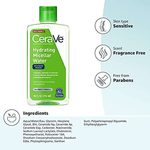 CeraVe - Agua Micelar | Fórmula nueva y mejorada | Limpiador facial hidratante y removedor de maquillaje para ojos | Libre de fragancia y no irritante | 10 onzas