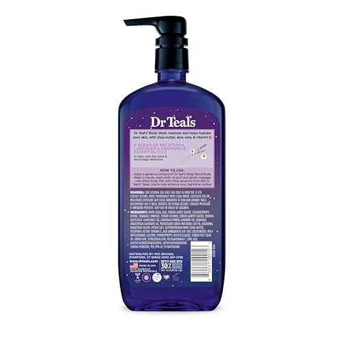 Dr Teal's - Gel de baño con sal pura de Epsom, mezcla para dormir con aceites esenciales de melatonina, lavanda y manzanilla, 24 onzas líquidas (paquete de 4)