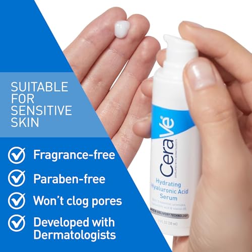 Cerave - Suero de ácido hialurónico para la cara con vitamina B5 y ceramidas, suero facial hidratante para piel seca, sin fragancia, 1 onza