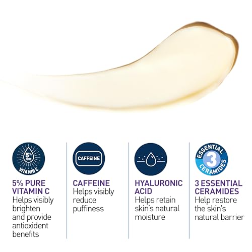 CeraVe -  Crema para ojos con vitamina C renovadora para la piel, vitamina C, ácido hialurónico, ceramidas y cafeína, crema debajo de los ojos para ojeras e hinchazón, sin fragancia y probada porbada por oftalmólogos, 0.5 Fl. Oz