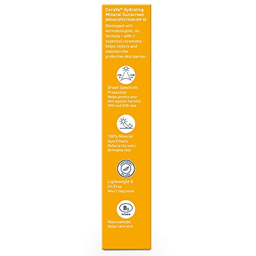 CeraVe - Protector solar 100 % mineral FPS 50, protector solar facial con óxido de zinc y dióxido de titanio, ácido hialurónico, niacinamida y ceramidas, sin aceite, tamaño de viaje de 2.5 oz.