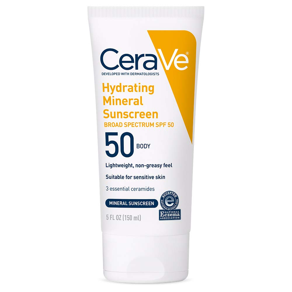 CeraVe - Protector solar mineral 100 % FPS 50 con óxido de zinc y dióxido de titanio, ácido hialurónico y ceramidas, sin aceite ni grasa, hidratante para el cuerpo, 5 oz