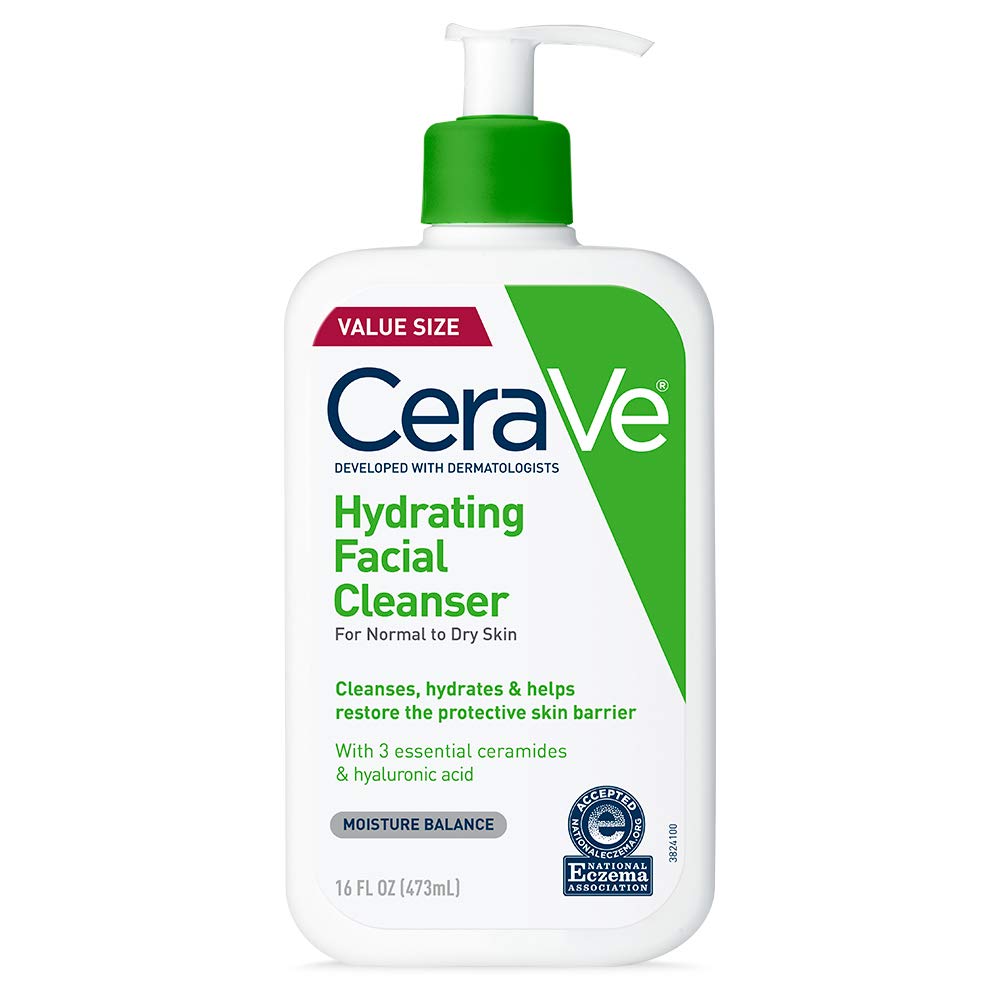 CeraVe - Limpiador facial hidratante para piel normal a seca, con ácido hialurónico + ceramidas + glicerina, certificado por la Asociación Nacional de Eczema