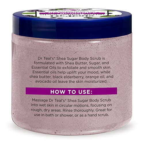 Dr Teal's - Exfoliante corporal de azúcar de karité, saúco negro con aceites esenciales, 19 onzas (paquete de 3)