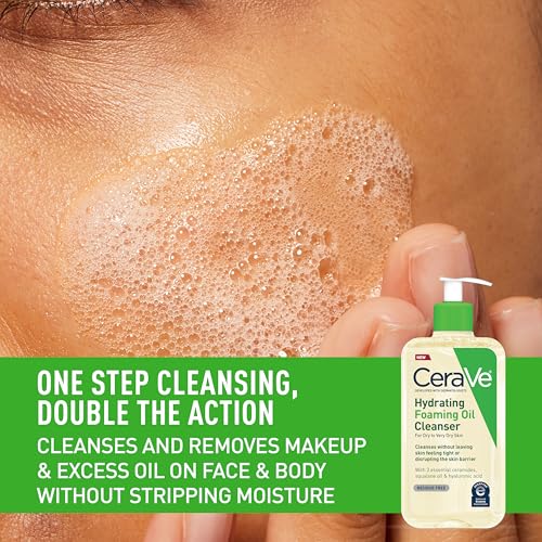 CeraVe - Limpiador hidratante de aceite espumoso, limpiador de aceite hidratante para cara y cuerpo, aceite de escualano + ácido hialurónico + ceramidas, para piel seca a muy seca, sin fragancia y sin residuos 19 FL Oz