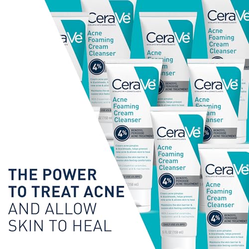 CeraVe - Limpiador en crema espumosa para el acné, lavado facial de peróxido de benzoilo al 4% con ácido hialurónico, niacinamida y ceramidas, tratamiento diario suave para el acné para la cara