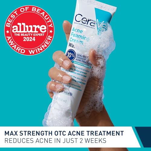 CeraVe - Crema espumosa para el acné, limpiador suave para rostro y cuerpo con peróxido de benzoilo al 10%, ácido hialurónico y niacinamida, tratamiento con peróxido de benzoilo al 10% que elimina granos y puntos negros. 5 Oz