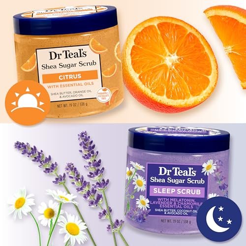 Dr Teal's - Exfoliante corporal de azúcar de karité, diurno/noche con vitamina C y mezcla para dormir, 19 onzas (paquete de 2)