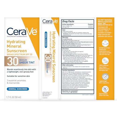 CeraVe - Protector solar mineral hidratante FPS 30 con tinte translúcido, con óxido de zinc y dióxido de titanio, se difumina a la perfección para una luminosidad saludable, tamaño medio, 50 ml