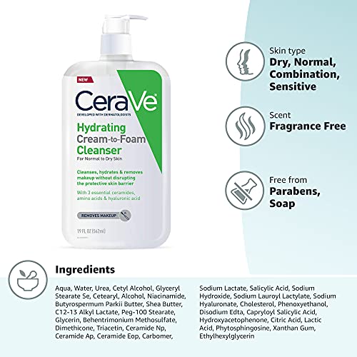 CeraVe - Crema hidratante para limpiar espuma, removedor de maquillaje, lavado facial para piel seca, limpiador facial espumoso con ácido hialurónico, piel normal a seca, sin fragancia y no