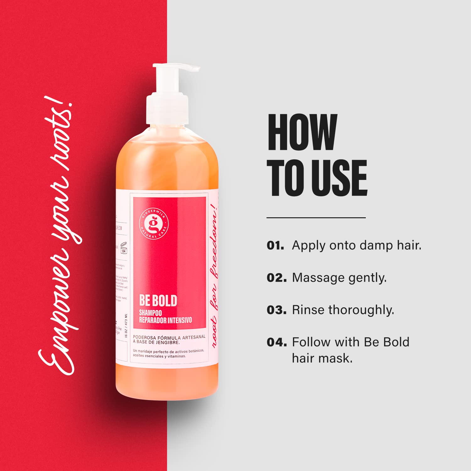 Ginger Milk - Shampoo de reparación intensiva para cabello seco/dañado debido a la coloración, procesos químicos, herramientas de peinado caliente y secadores | BE BOLD (8 onzas fl.)