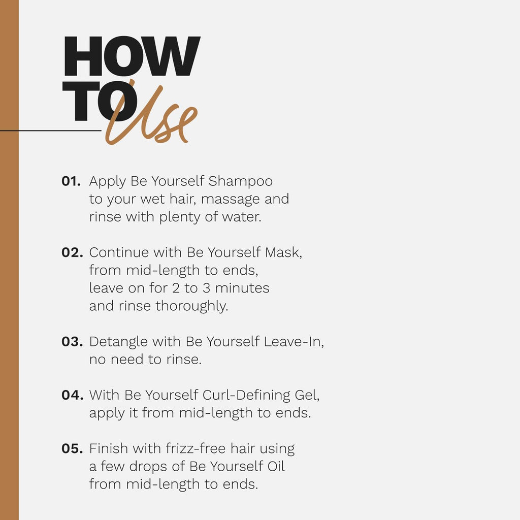 Ginger Milk - Set de cuidado del cabello rizado Be Yourself – Champú, máscara, enjuague, gel definidor de rizos y aceite de acabado – Hidrata, define y brilla para cabello rizado – Control del encrespamiento