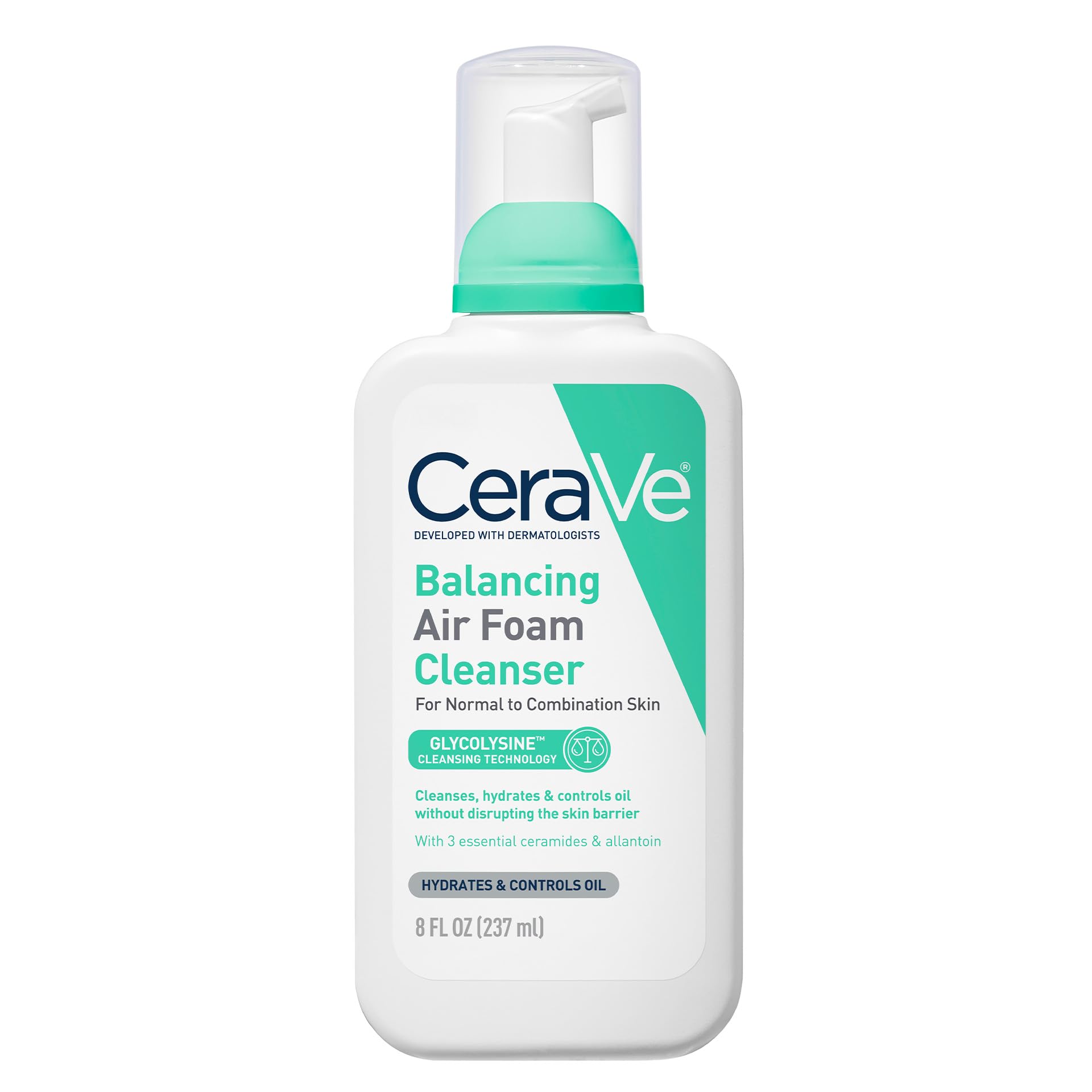 CeraVe - Jabón facial de espuma de aire equilibrante, limpiador facial espumoso para piel mixta, control de aceite de 8 horas + hidratación 24 horas, sin fragancia y no comedogénico, con glicolisina y 3