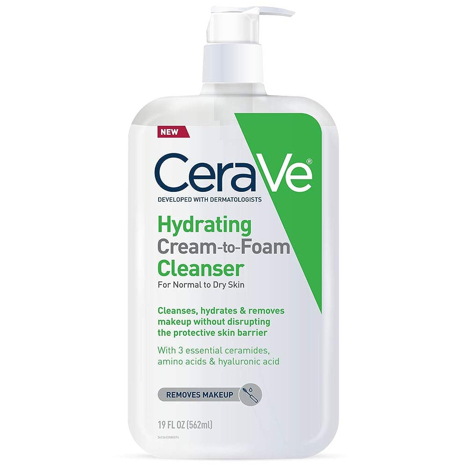 CeraVe - Crema hidratante para limpiar espuma, removedor de maquillaje, lavado facial para piel seca, limpiador facial espumoso con ácido hialurónico, piel normal a seca, sin fragancia y no