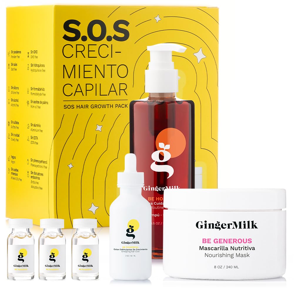 GINGER MILK - SOS Kit de crecimiento del cabello con biotina y jengibre, juego de cuidado del cabello vegano con suero de crecimiento, champú, mascarilla nutritiva y ampolla. Fórmula natural que