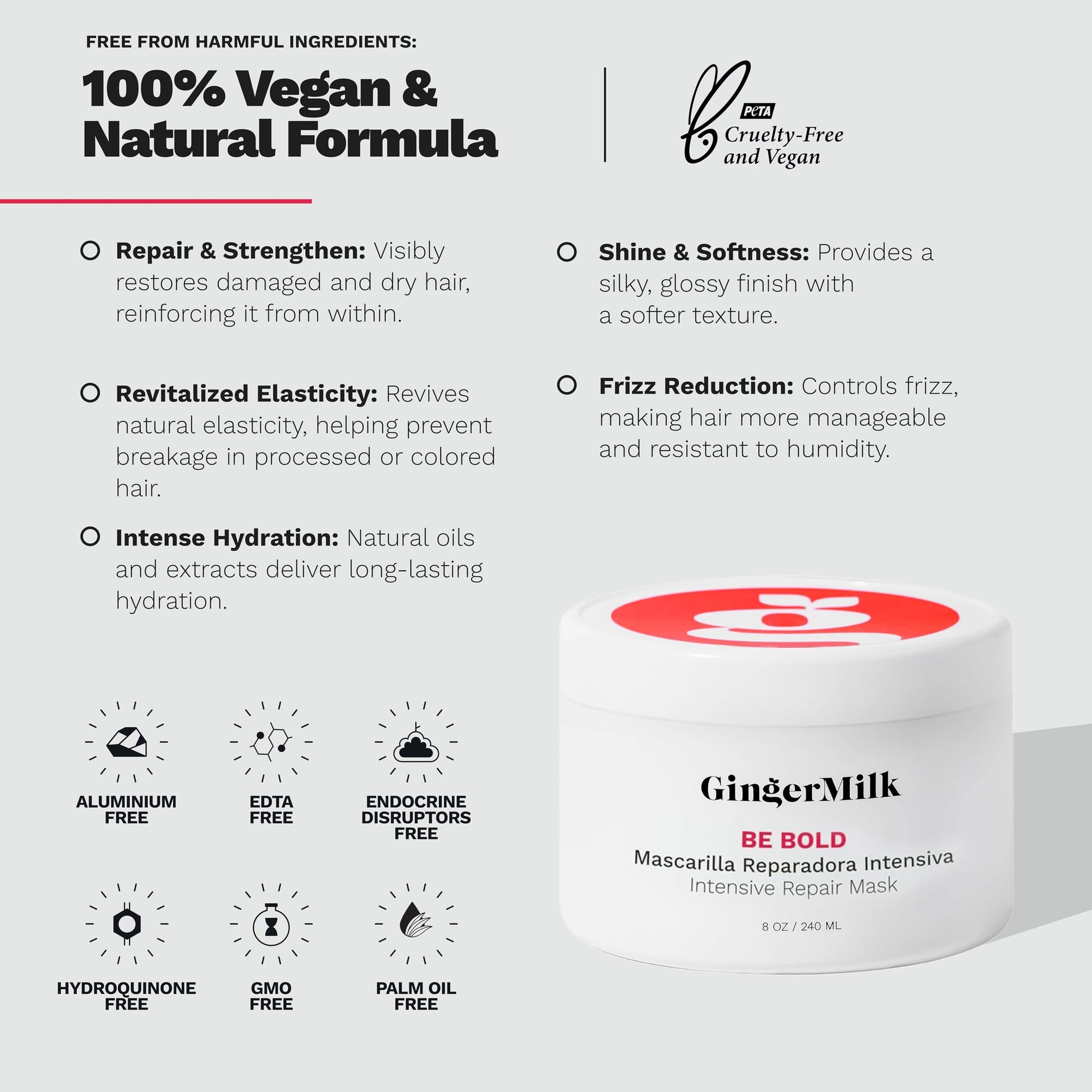 Ginger Milk - Mascarilla reparadora intensiva para cabello seco/dañado debido a la coloración, procesos químicos, herramientas de peinado caliente y secadores | BE BOLD (8 onzas)
