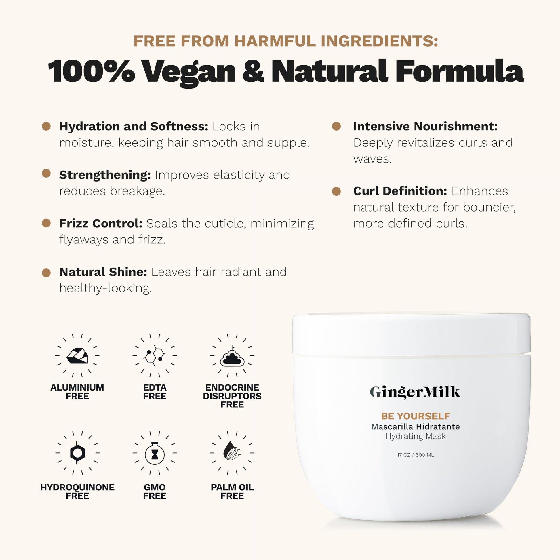 Ginger Milk - Mascarilla hidratante de jengibre para cabello rizado, ondulado y enroscado, fórmula nutritiva para rizos definidos, control del encrespamiento y brillo, sin sulfato, Be Yourself 17 onzas