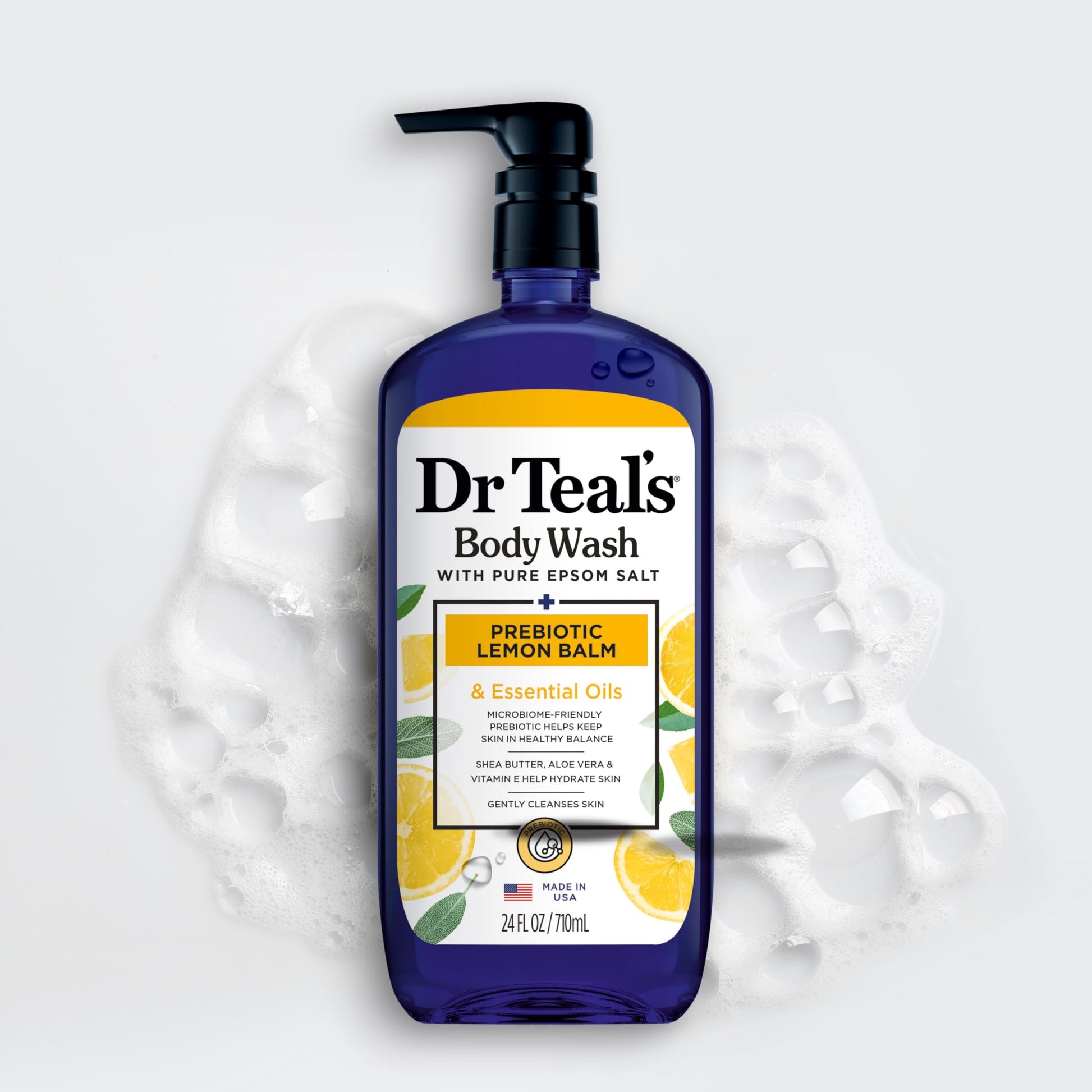Dr Teal's - Gel de baño con sal pura de Epsom, con bálsamo de limón prebiótico y salvia, 24 onzas líquidas (paquete de 4)