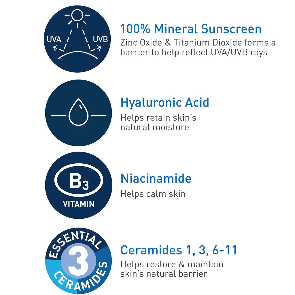 CeraVe - Protector solar 100 % mineral FPS 50, protector solar facial con óxido de zinc y dióxido de titanio, ácido hialurónico, niacinamida y ceramidas, sin aceite, tamaño de viaje de 2.5 oz.