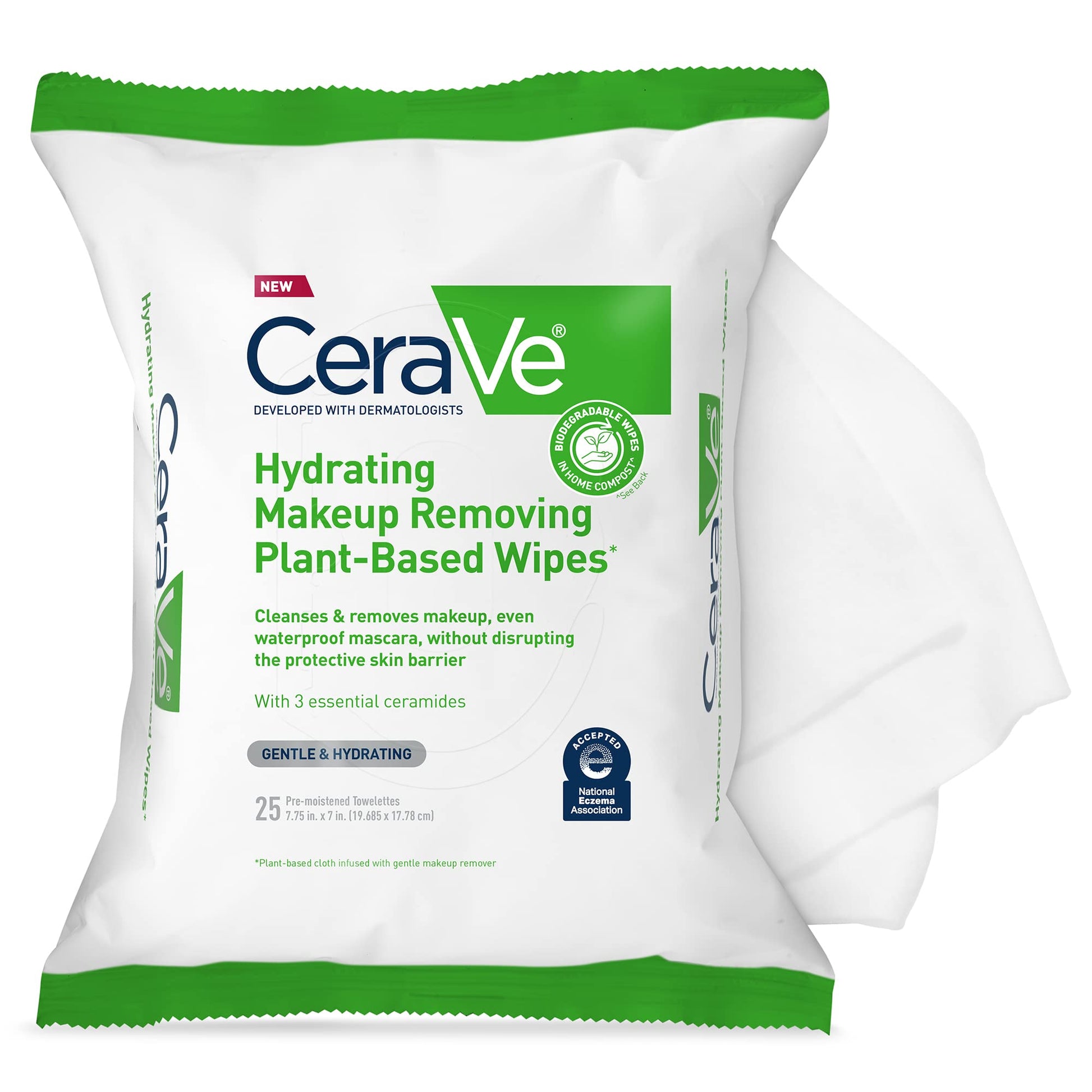 CeraVe - Toallitas removedoras de maquillaje, toallitas faciales a base de plantas, biodegradables en compost, lavado facial sin agua, esenciales de viaje para mujeres, adecuadas para pieles sensibles