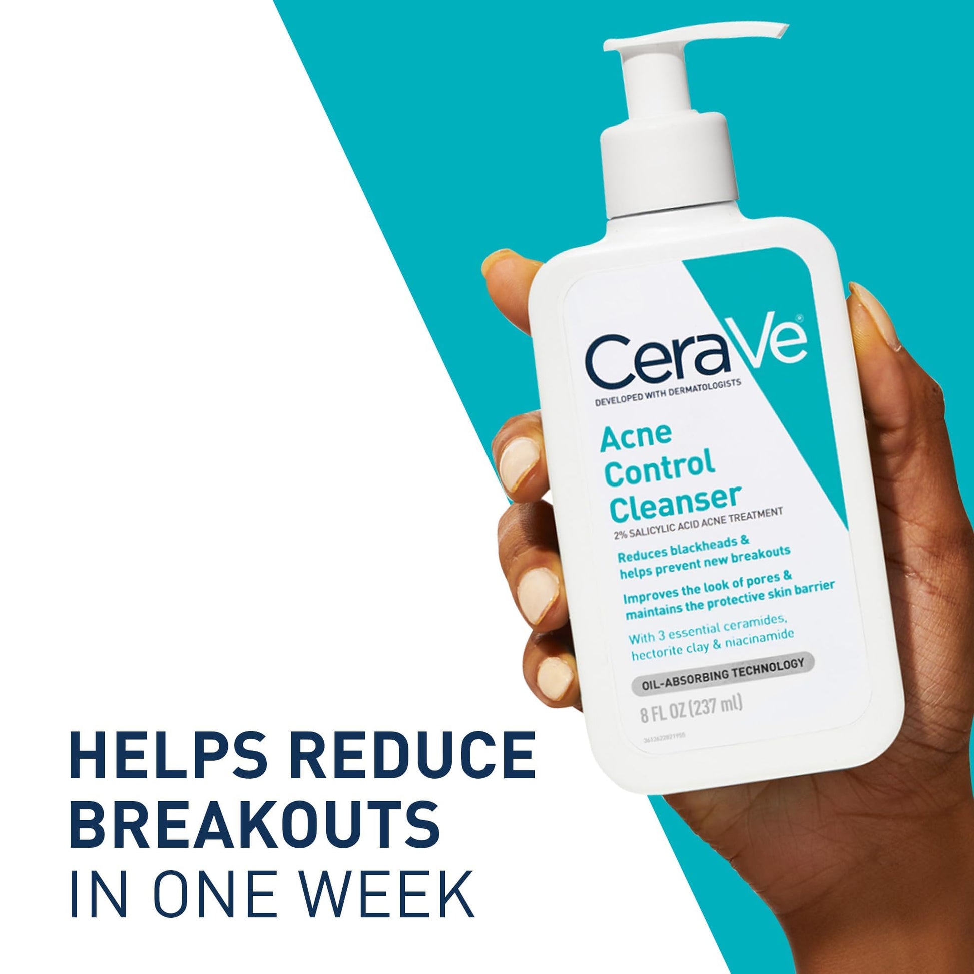 CeraVe - Tratamiento para el acné, limpiador de ácido salicílico con arcilla purificadora, niacinamida y ceramidas, control de poros y removedor de puntos negros, 8 onzas