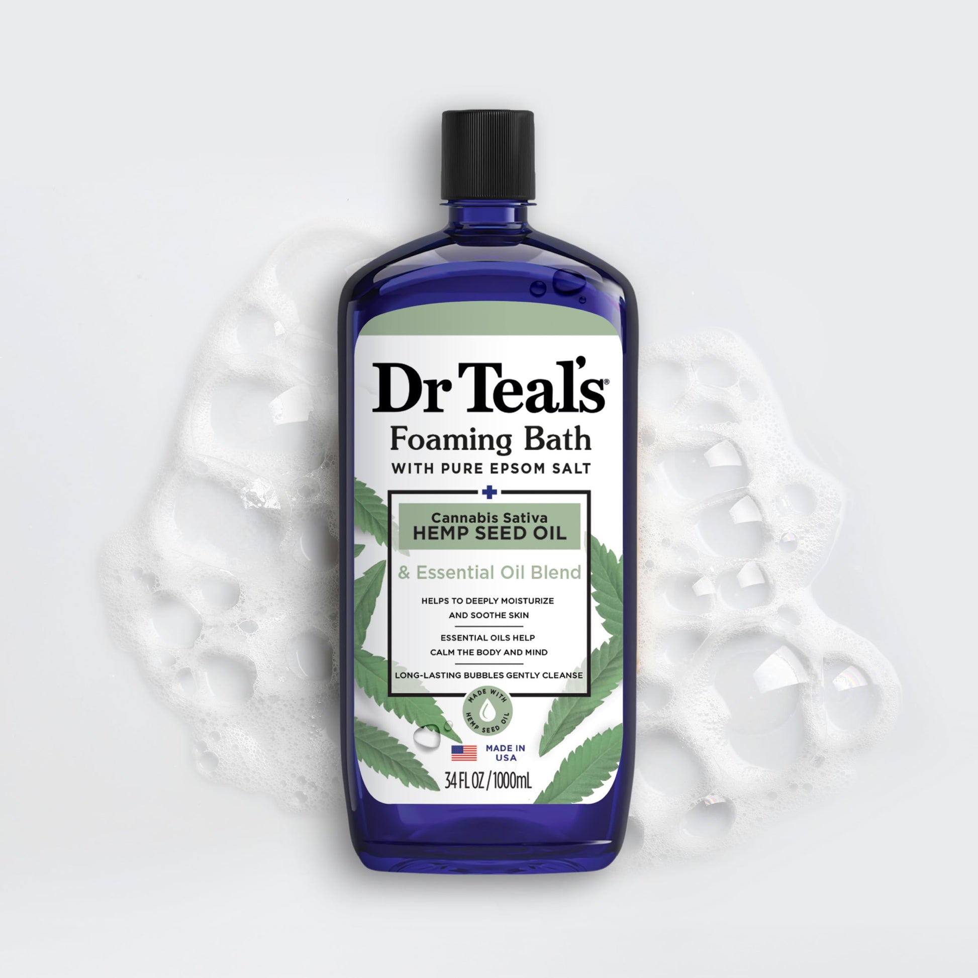 Dr Teal's - Baño espumoso con sal pura de Epsom, aceite de semilla de cáñamo de cannabis sativa, 34 onzas líquidas (paquete de 2)