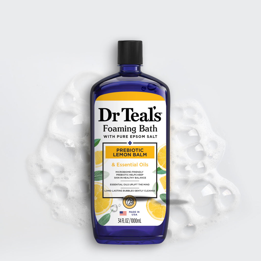 Dr Teal's - Baño espumoso con sal pura de Epsom, bálsamo de limón prebiótico y aceites esenciales, 34 onzas líquidas (paquete de 4)