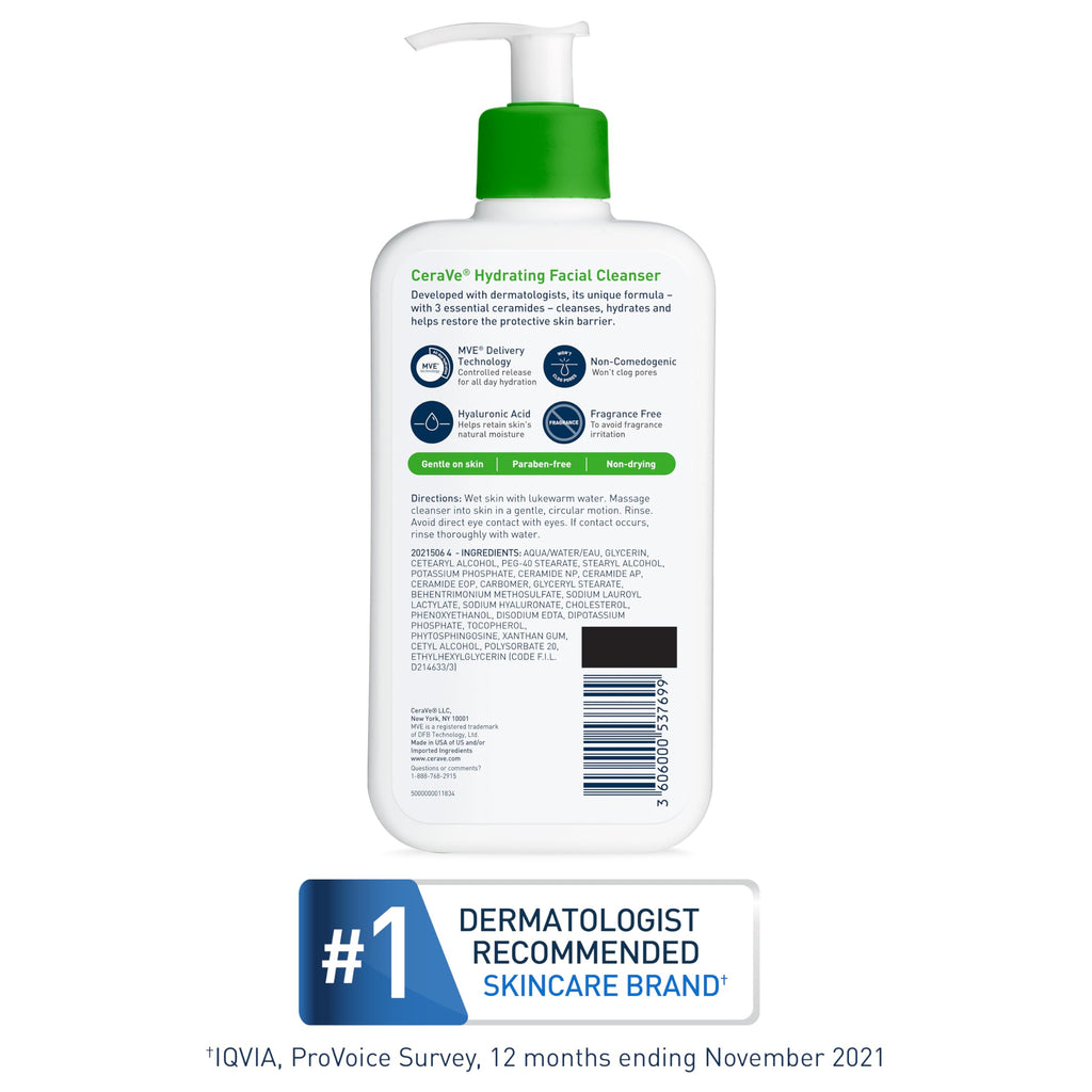 CeraVe - Limpiador facial hidratante para piel normal a seca, con ácido hialurónico + ceramidas + glicerina, certificado por la Asociación Nacional de Eczema