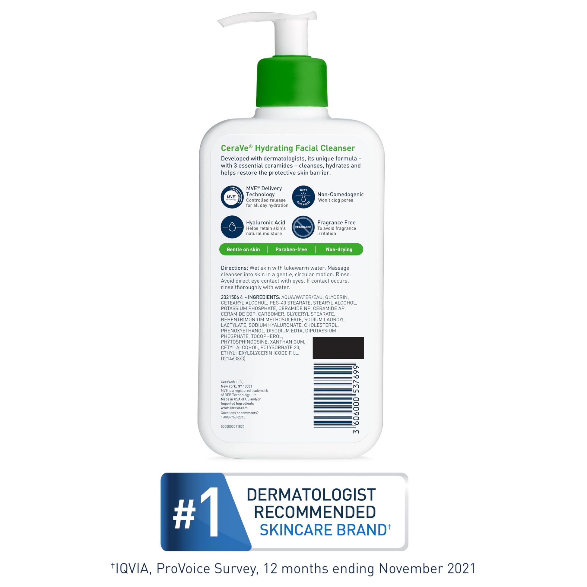 CeraVe - Limpiador facial hidratante para piel normal a seca, con ácido hialurónico + ceramidas + glicerina, certificado por la Asociación Nacional de Eczema