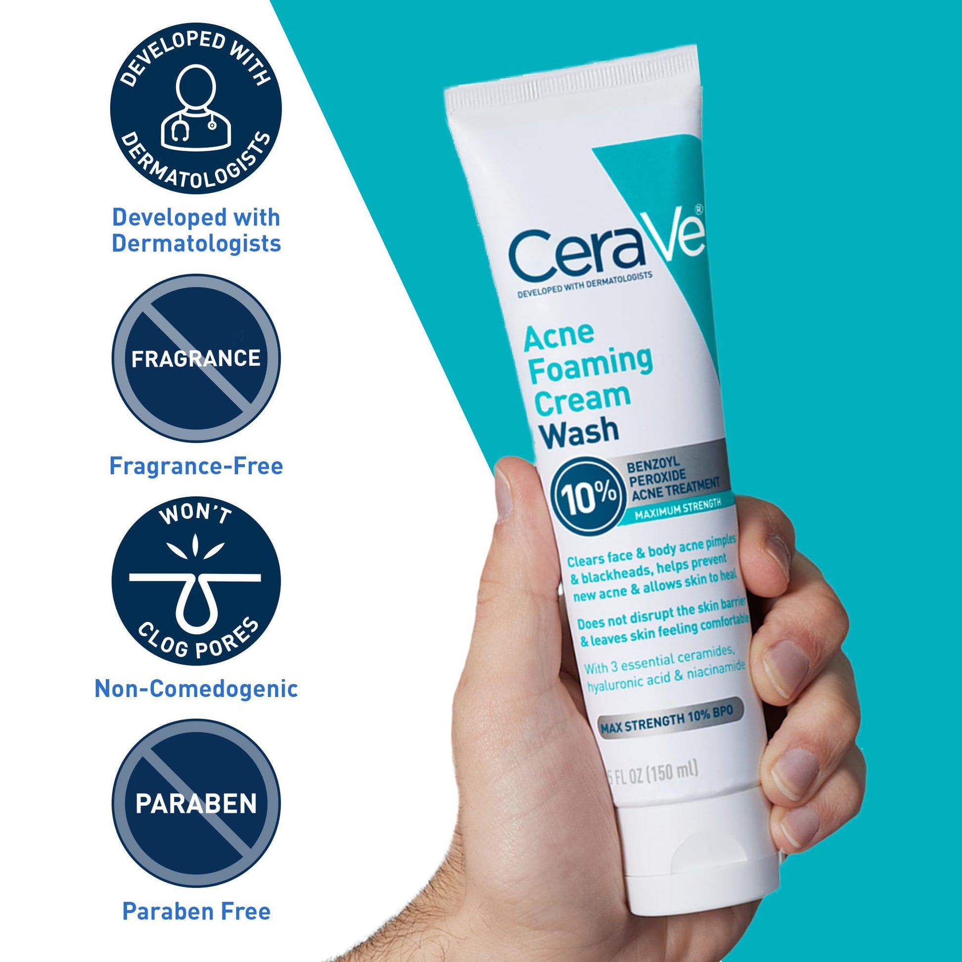 CeraVe - Crema espumosa para el acné, limpiador suave para rostro y cuerpo con peróxido de benzoilo al 10%, ácido hialurónico y niacinamida, tratamiento con peróxido de benzoilo al 10% que elimina granos y puntos negros. 5 Oz