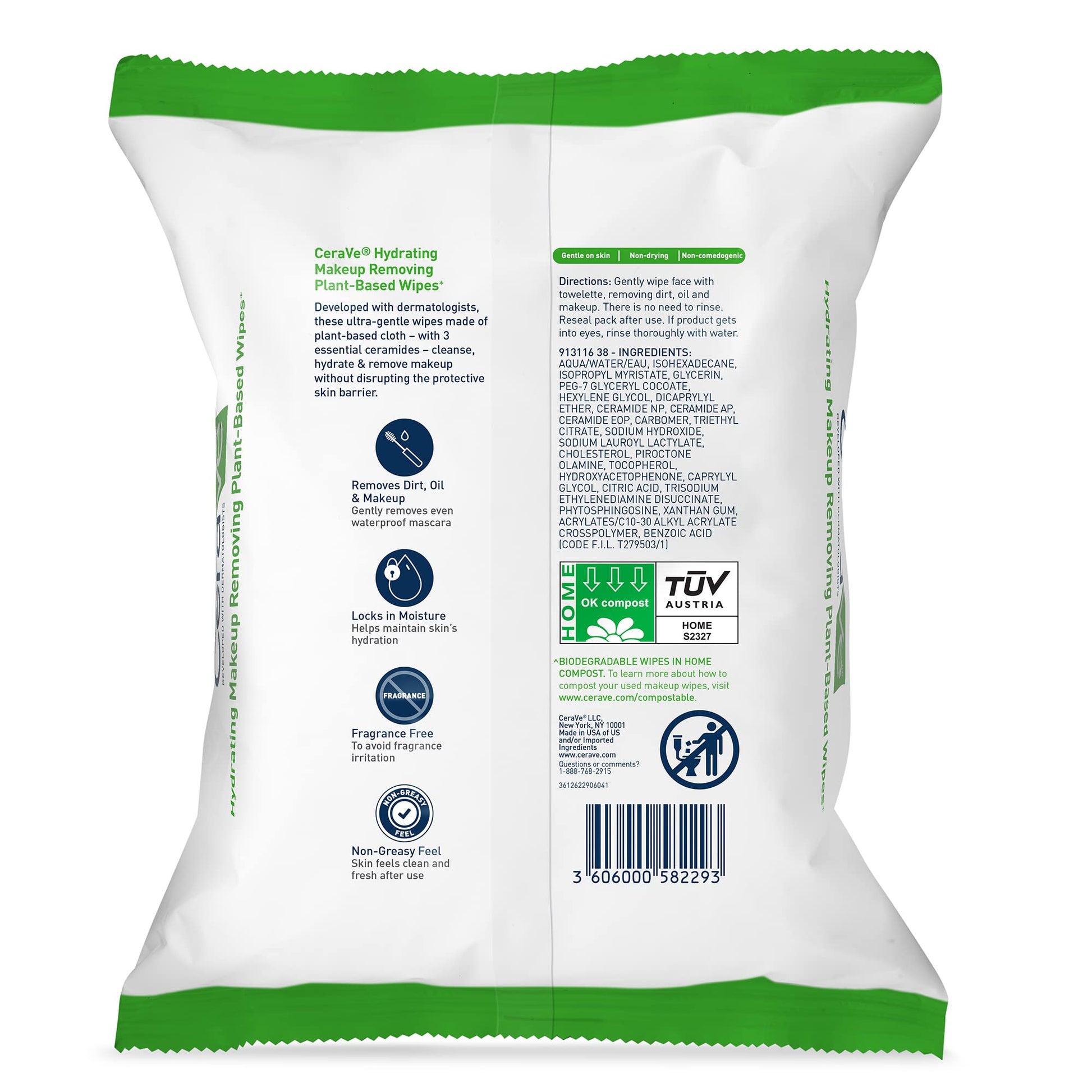 CeraVe - Toallitas removedoras de maquillaje, toallitas faciales a base de plantas, biodegradables en compost, lavado facial sin agua, esenciales de viaje para mujeres, adecuadas para pieles sensibles