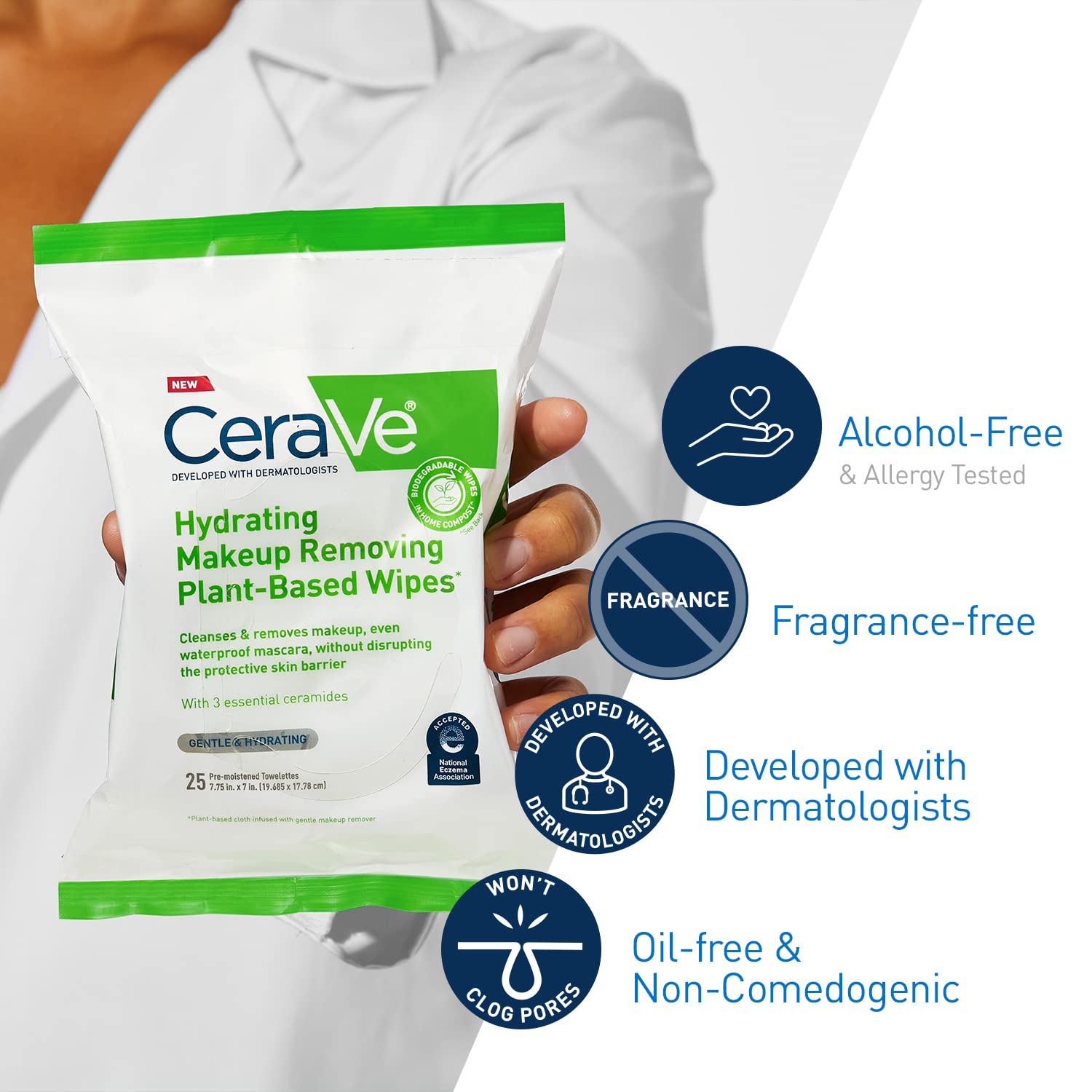 CeraVe - Toallitas removedoras de maquillaje, toallitas faciales a base de plantas, biodegradables en compost, lavado facial sin agua, esenciales de viaje para mujeres, adecuadas para pieles sensibles